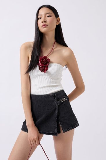 Kemer Detay Denim Şort Etek resmi